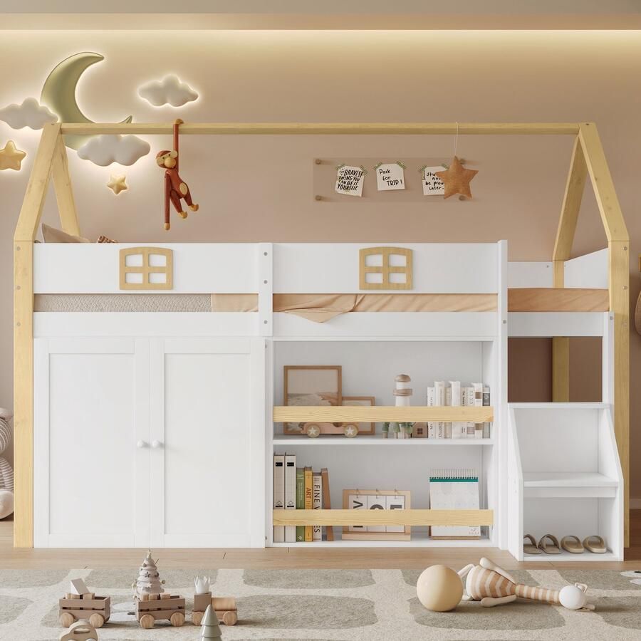 PHOEBE CAT Hoogslaper 90x200cm met Opbergplank Kledingkast Huisontwerp Wit + naturel