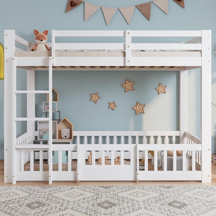 Merax Stapelbed met rechthoekige trap met leuning en deur met valbeveiliging vrije ruimte onder het bed wit 90x200cm zonder matras