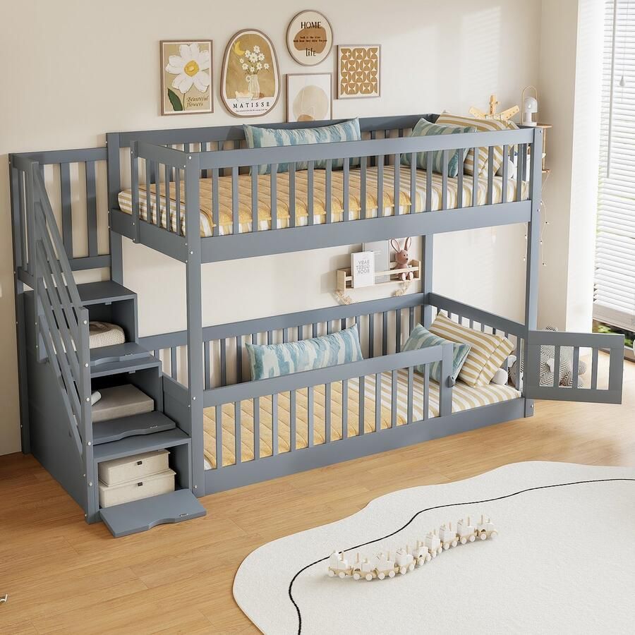 PHOEBE CAT Hoogslaper 90x200cm Opbergtrap Houten kinderbed Veiligheidshekken Grijs