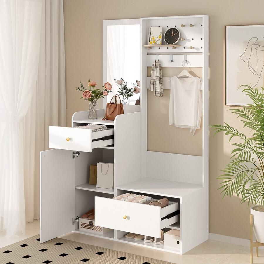 PHOEBE CAT Kapstok Halmeubel Met spiegel Haken 2 lades Schoenenbank Wit