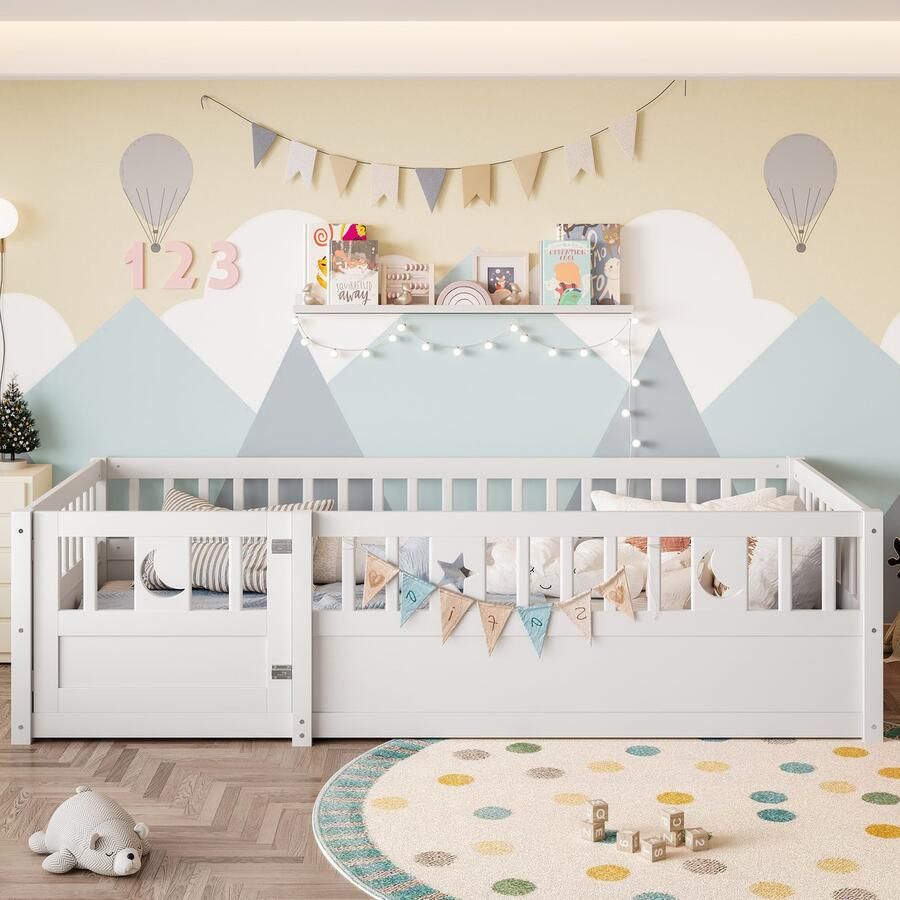 PHOEBE CAT Kinderbed 90 x 190 cm Met vangrails Sterren- en maanthema Met deur Wit