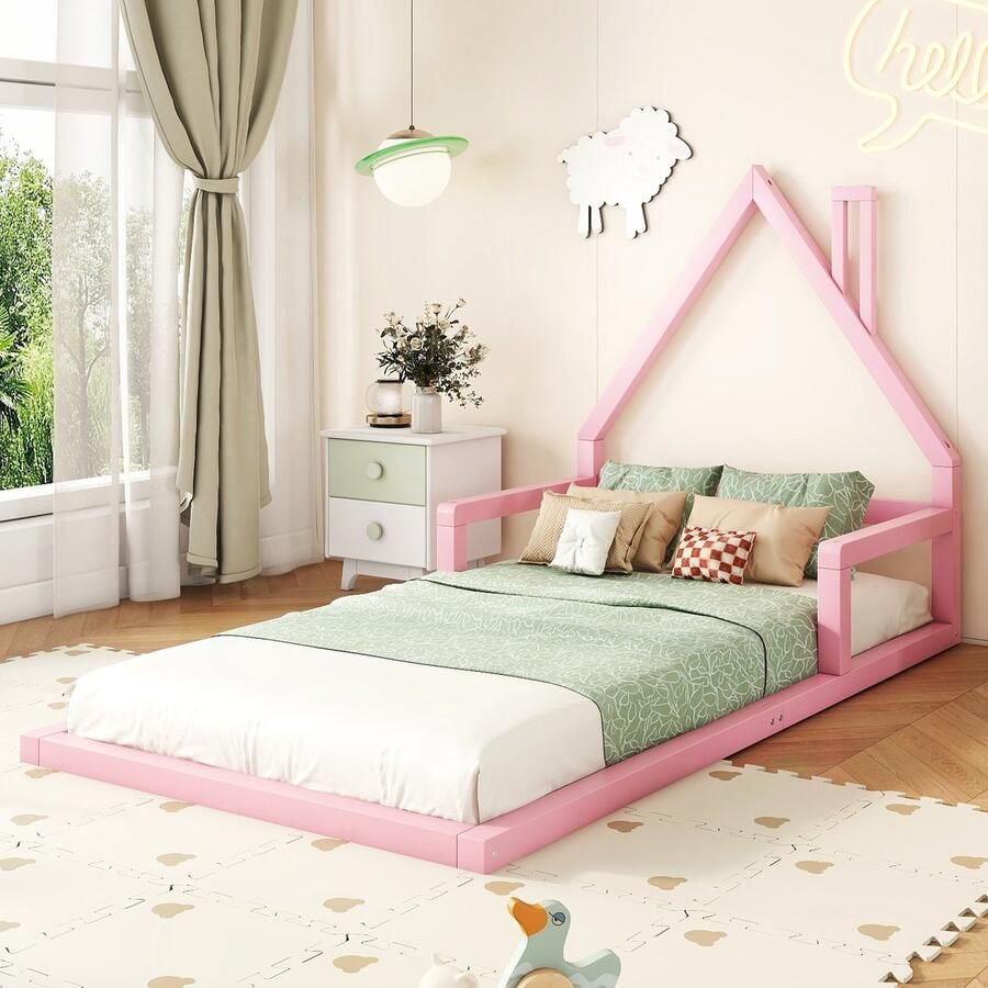 PHOEBE CAT Kinderbed 90 x 200 cm Huisvormig Grenenhout + MDF Roze