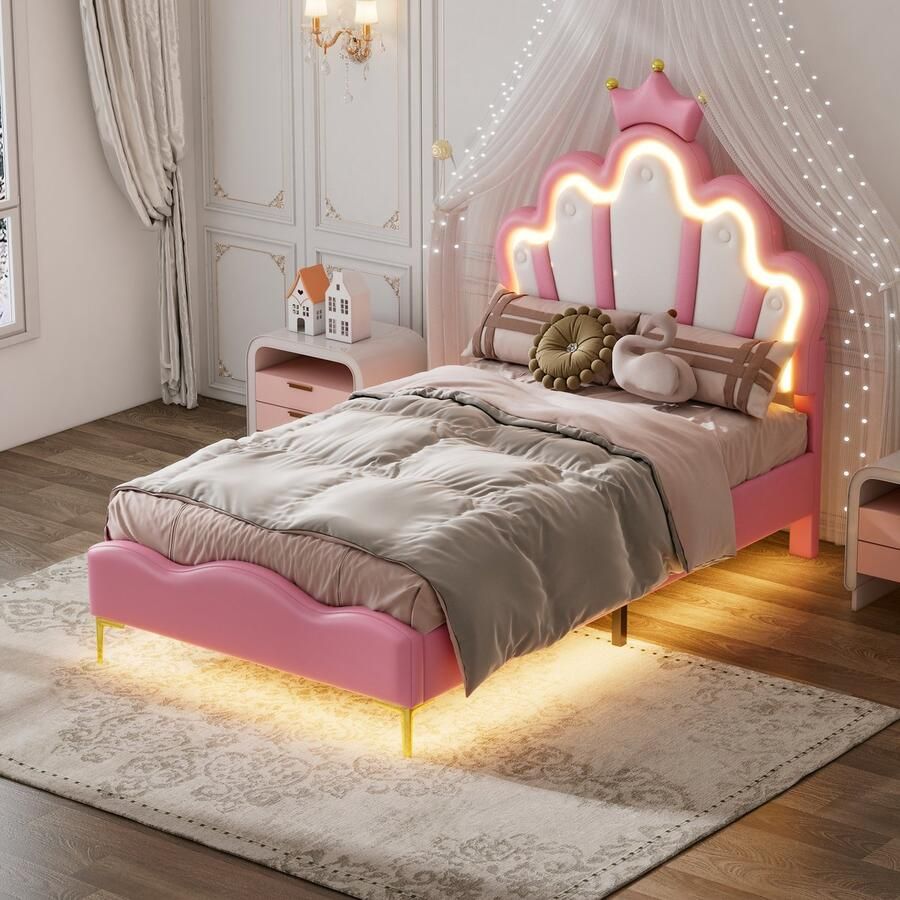 PHOEBE CAT Kinderbed 90 x 200 cm Kroonprinsesbed PU-leer LED-verlichting Roze
