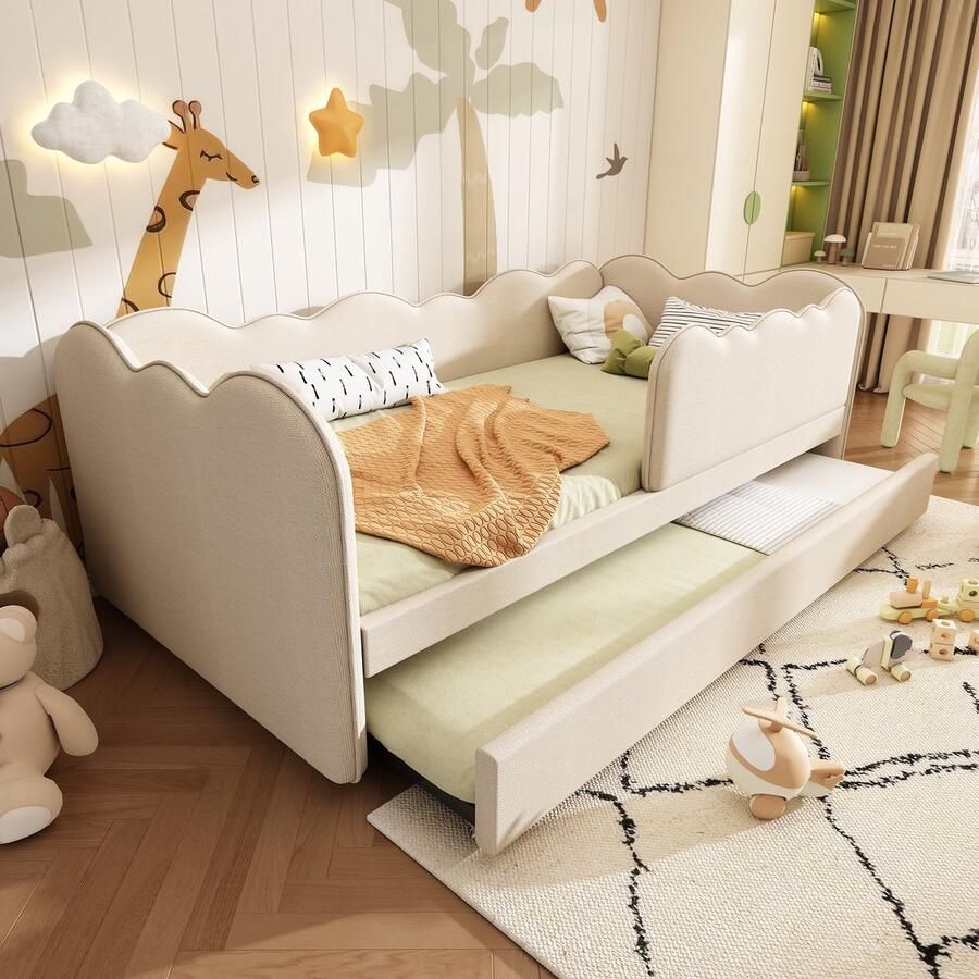 PHOEBE CAT Kinderbed 90x190 cm Slaapbank Met uitschuifbaar bed Linnen Beige