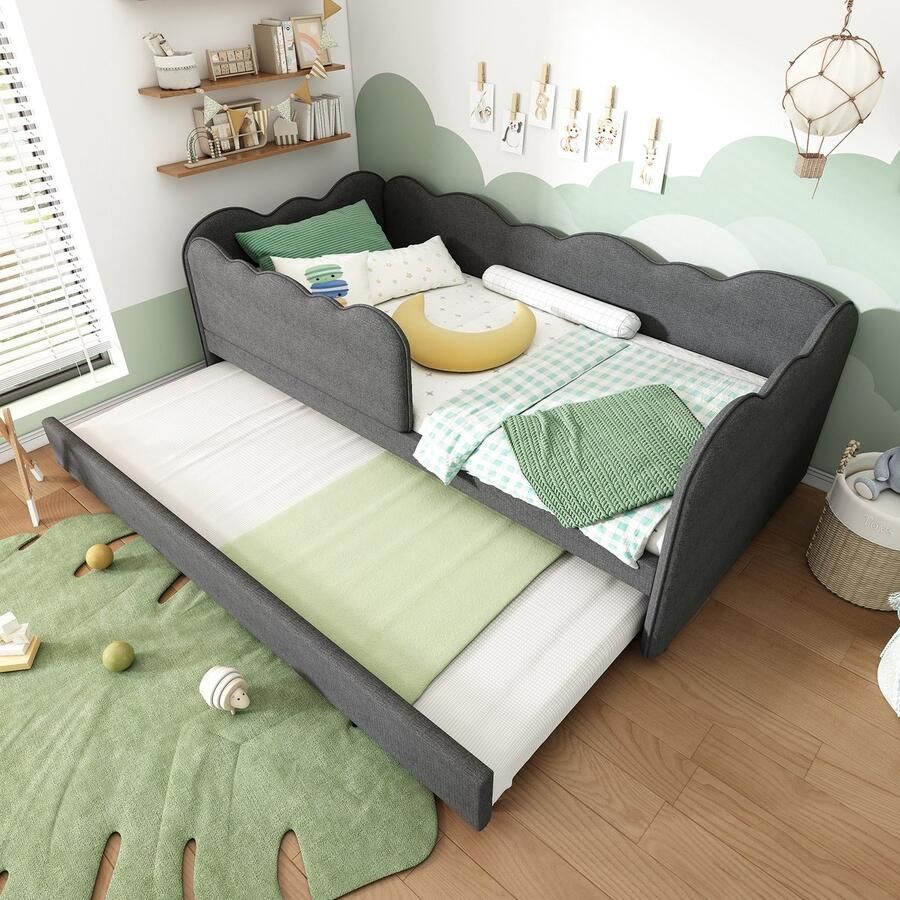 PHOEBE CAT Kinderbed 90x190 cm Slaapbank Met uitschuifbaar bed Linnen Grijs