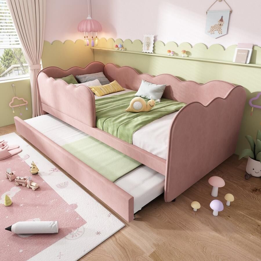 PHOEBE CAT Kinderbed 90x190 cm Slaapbank Met uitschuifbaar bed Velvet Roze