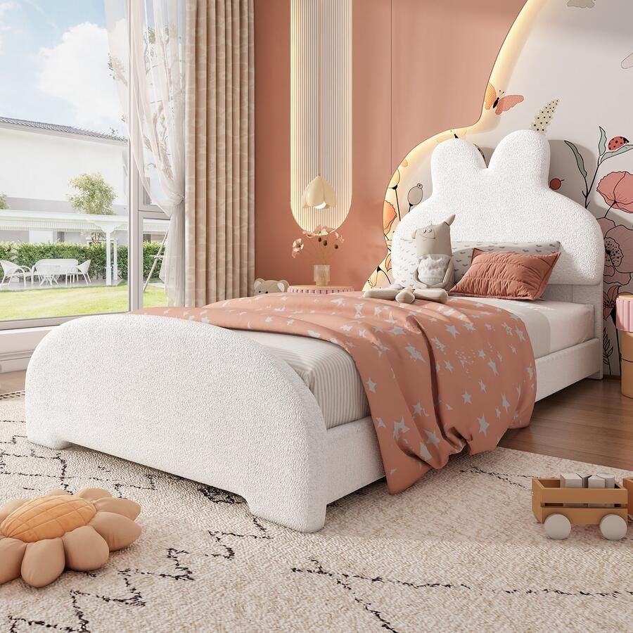 PHOEBE CAT Kinderbed 90x200 cm Konijnenoren hoofdeinde Imitatiepluche stof Wit