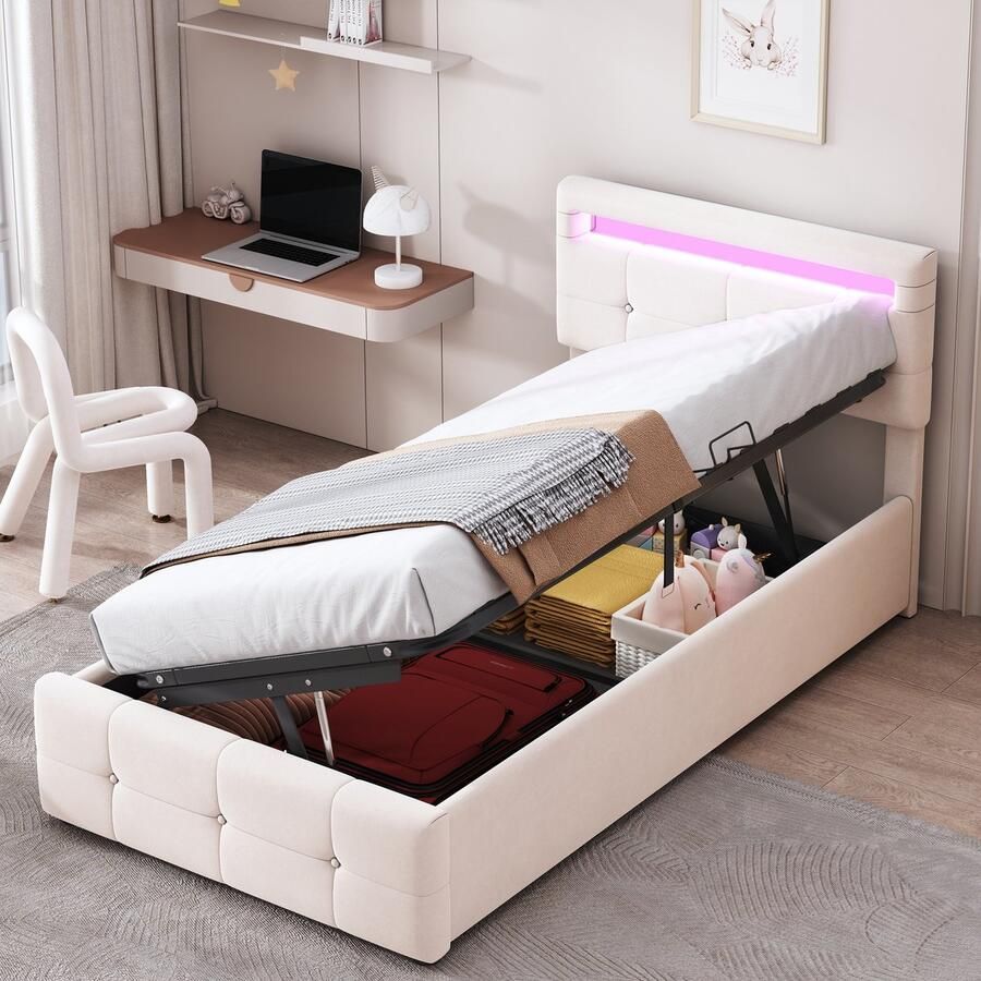 PHOEBE CAT Kinderbed 90x200 cm LED-verlichting Opbergruimte Verstelbaar hoofdeinde Velvet Beige