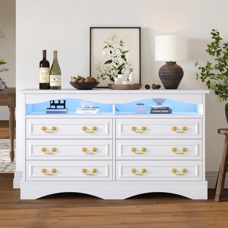 PHOEBE CAT Ladekast LED-verlichting Dressoir Halmeubel Metalen handgrepen Wit