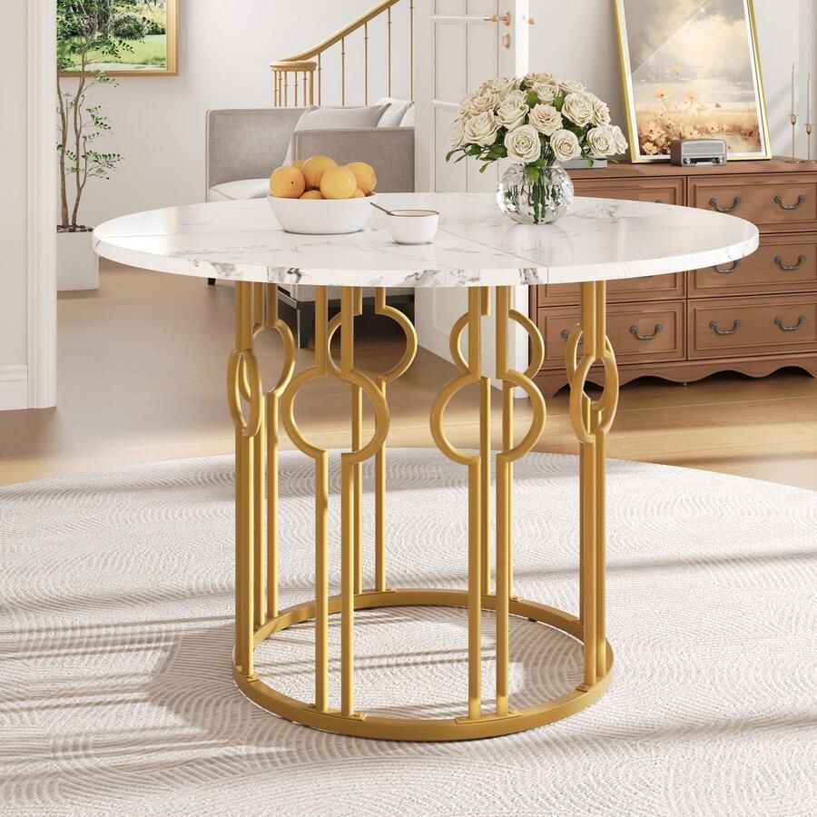PHOEBE CAT Ronde Eettafel Marmerlook Metalen poten MDF-tafelblad Wit + Goud