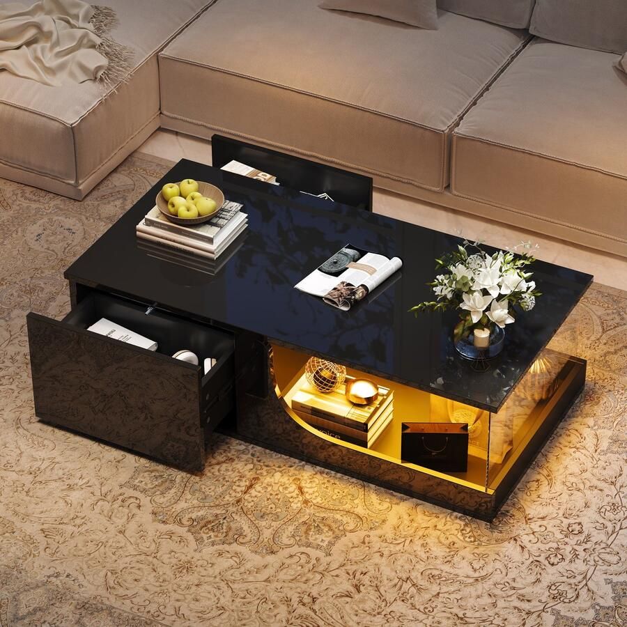 PHOEBE CAT Salontafel 100*50*30 cm 2 lades Hoogglans LED-verlichting Zwart