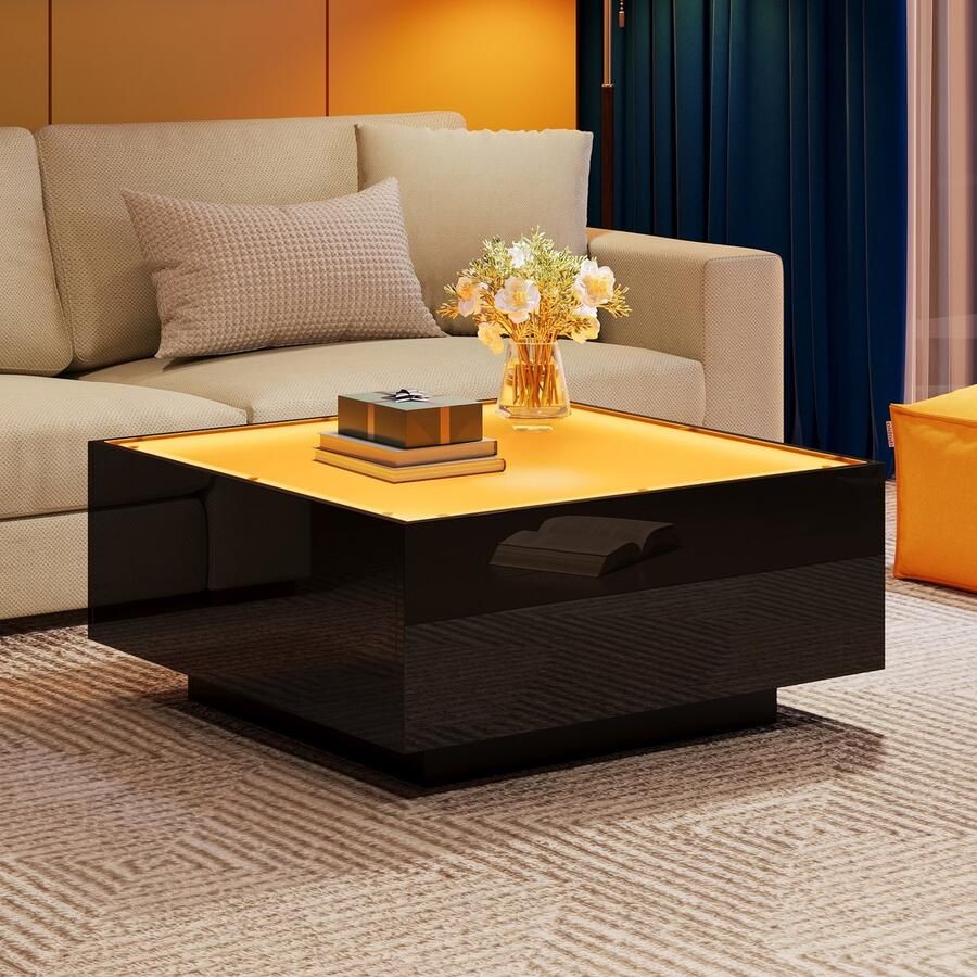 PHOEBE CAT Salontafel 70 × 70 × 36 cm Glazen tafelblad LED-verlichting Hoogglans Zwart