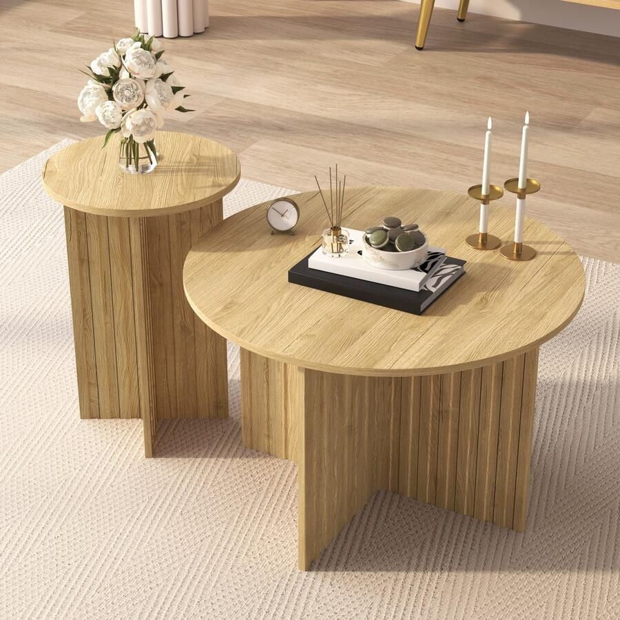 PHOEBE CAT Salontafelset Set van 2 Houteffectafwerking Ronde salontafel MDF-constructie Natuurlijke