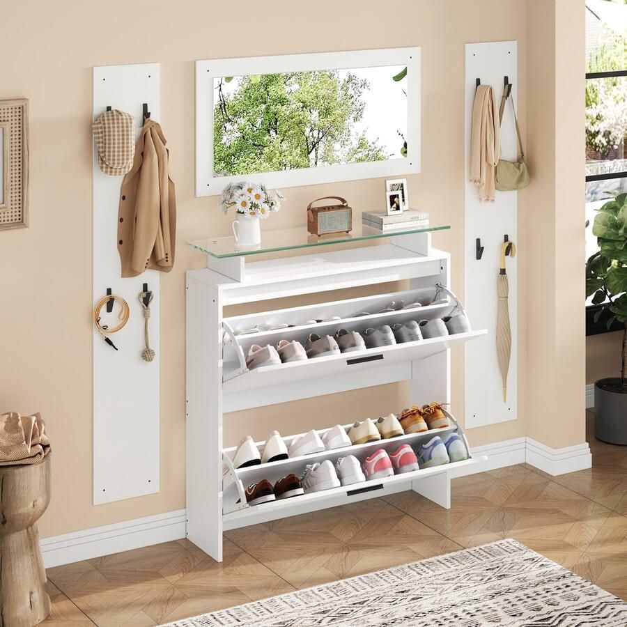 PHOEBE CAT Schoenenkast 4-delige set Kapstok Met spiegel Hoogglans Halmeubel 8 kapstokhaken Wit