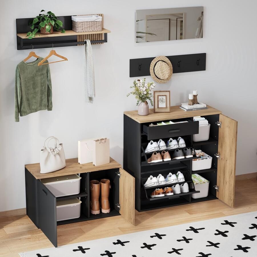 PHOEBE CAT Schoenenkast 5-delige set Halmeubel Met spiegel 4 haken Wandplank Zwart + Natuurlijke