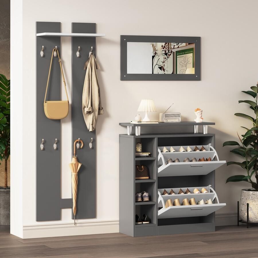 PHOEBE CAT Schoenenkast Kapstok set Met spiegel 2 wandpanelen Grijs Halmeubilair Grijs + Wit