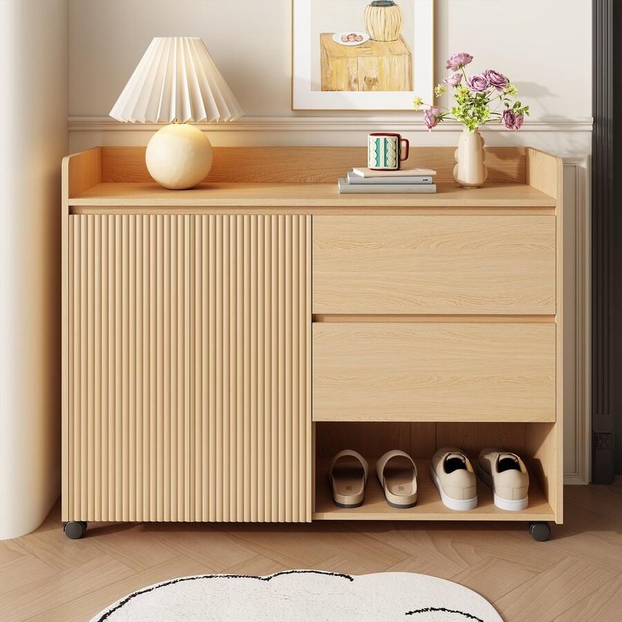 PHOEBE CAT Schoenenkast Met wieltjes Verstelbare planken 2 lades Natuurlijke