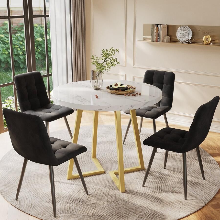 PHOEBE CAT Set tafel en stoelen Marmerlook Ronde eettafel 4 velvet stoelen Metalen tafelpoten MDF tafelblad