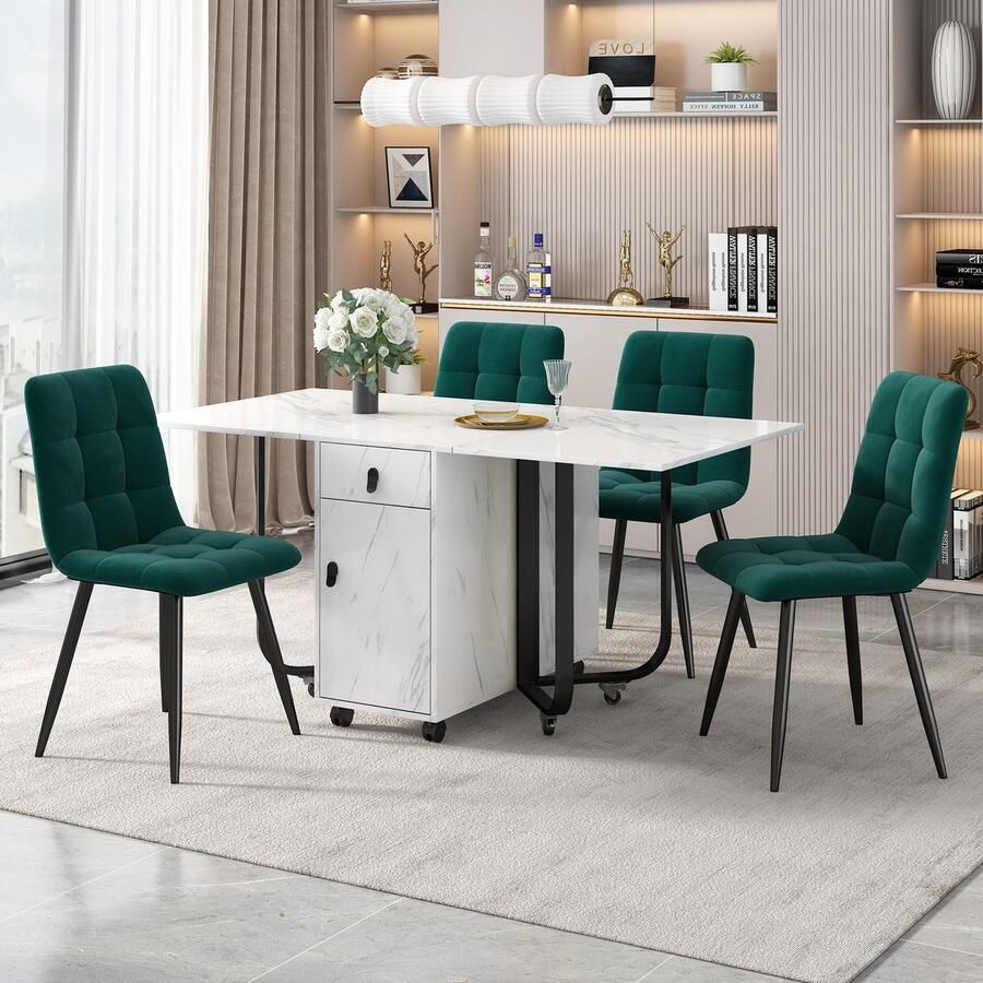 PHOEBE CAT Set tafel en stoelen Opvouwbare eettafel 4 velvet stoelen MDF Marmerlook Wit + Groen + Zwart