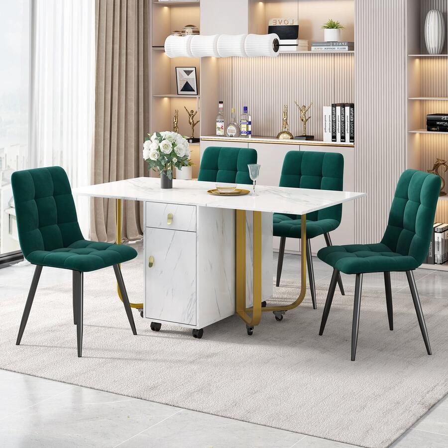 PHOEBE CAT Set tafel en stoelen Opvouwbare eettafel 4 velvet stoelen MDF Marmerlook Wit + Groen + Gouden