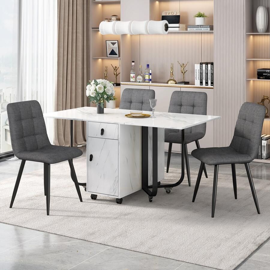 PHOEBE CAT Set tafel en stoelen Opvouwbare eettafel 4 velvet stoelen MDF Marmerlook Wit + Grijs + Zwart