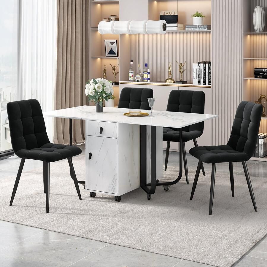 PHOEBE CAT Set tafel en stoelen Opvouwbare eettafel 4 velvet stoelen MDF Marmerlook Wit + Zwart
