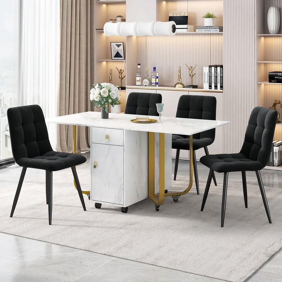 PHOEBE CAT Set tafel en stoelen Opvouwbare eettafel 4 velvet stoelen MDF Marmerlook Wit + Zwart + Gouden