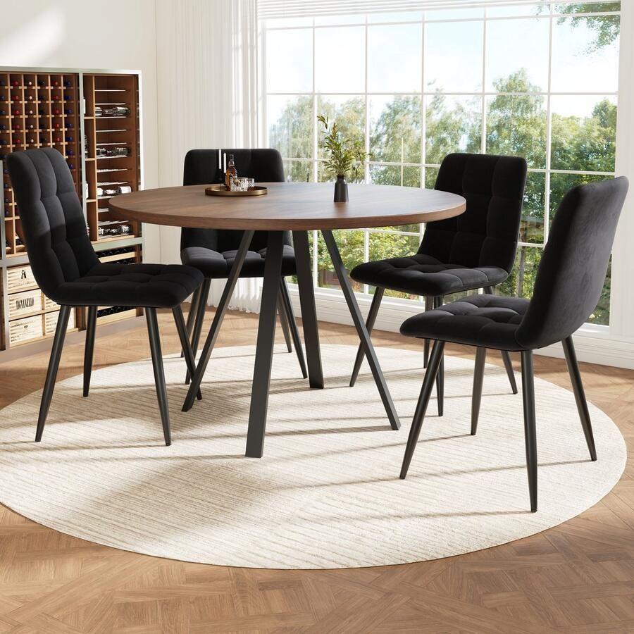 PHOEBE CAT Set tafel en stoelen Ronde eettafel 4 velvet stoel Walnootlook Metalen poten Zwart