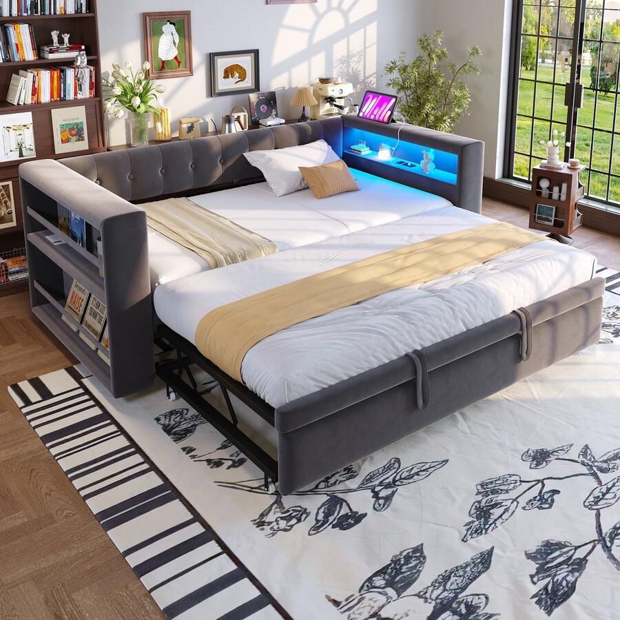 PHOEBE CAT Slaapbank 90 180 × 190 cm Gestoffeerd bed LED-verlichting Oplaadpunten Donkergrijs