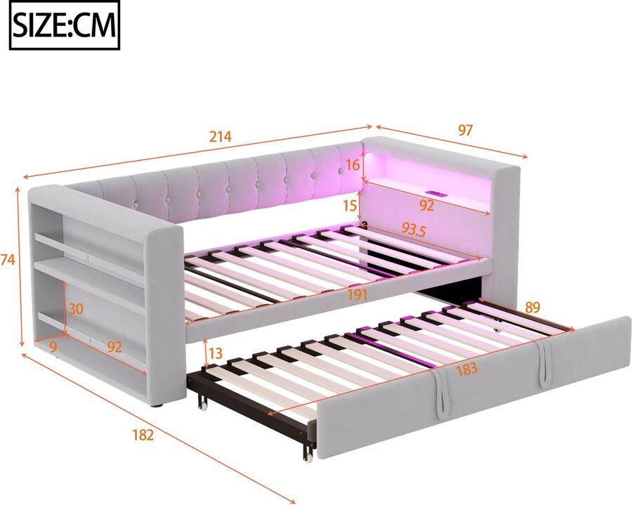 PHOEBE CAT Slaapbank 90 180 × 190 cm Gestoffeerd bed LED-verlichting Oplaadpunten Lichtgrijs