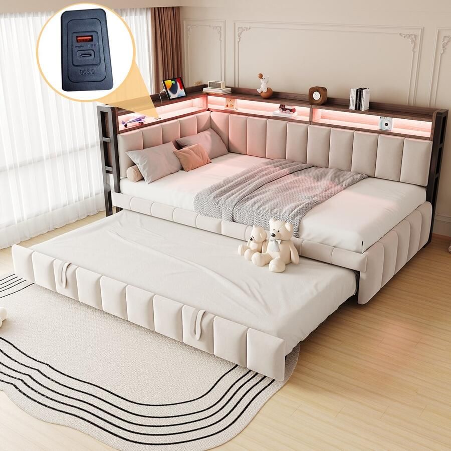 PHOEBE CAT Slaapbank 90x200 cm Met uitschuifbaar bed LED-verlichting USB Type-C Beige + Bruin