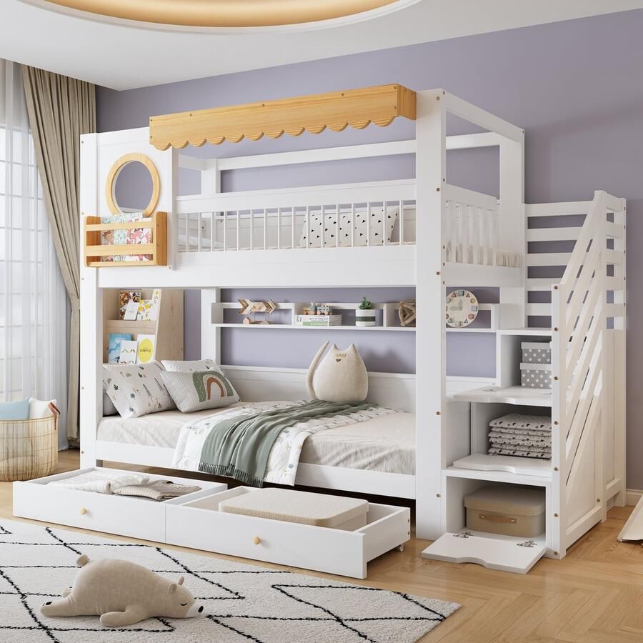 PHOEBE CAT Stapelbed 90x200 cm 2 lades Kinderbed Met opbergplank Wit + Natuurlijke