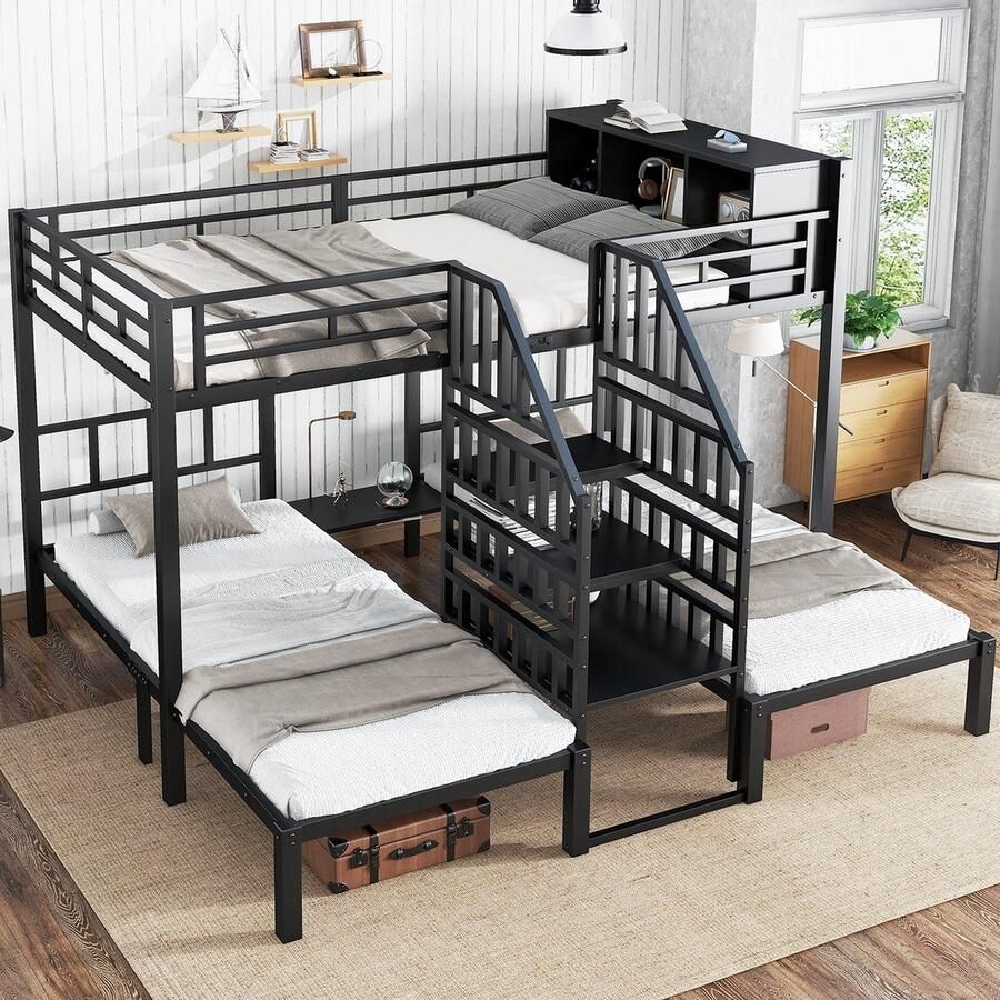 PHOEBE CAT Stapelbed 90x200 & 140x200 cm Geschikt voor 3 personen Opbergruimte IJzeren frame Zwart