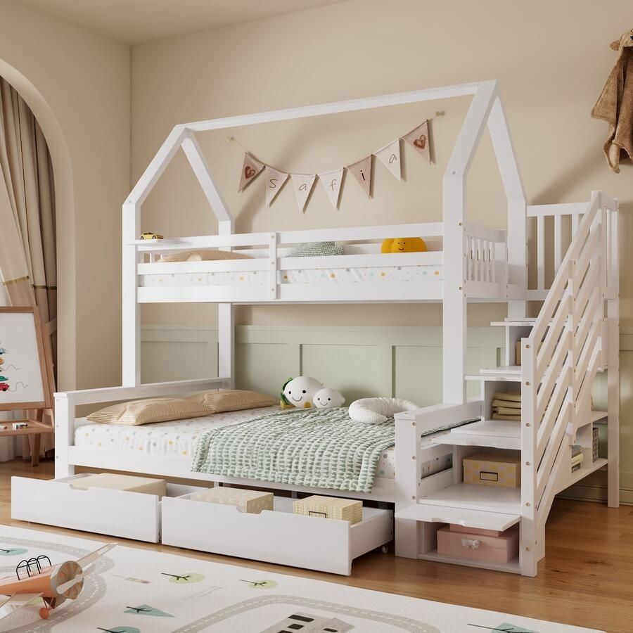 PHOEBE CAT Stapelbed 90x200 & 140x200 cm Kinderbed 2 lades Grenenhout + MDF Wit