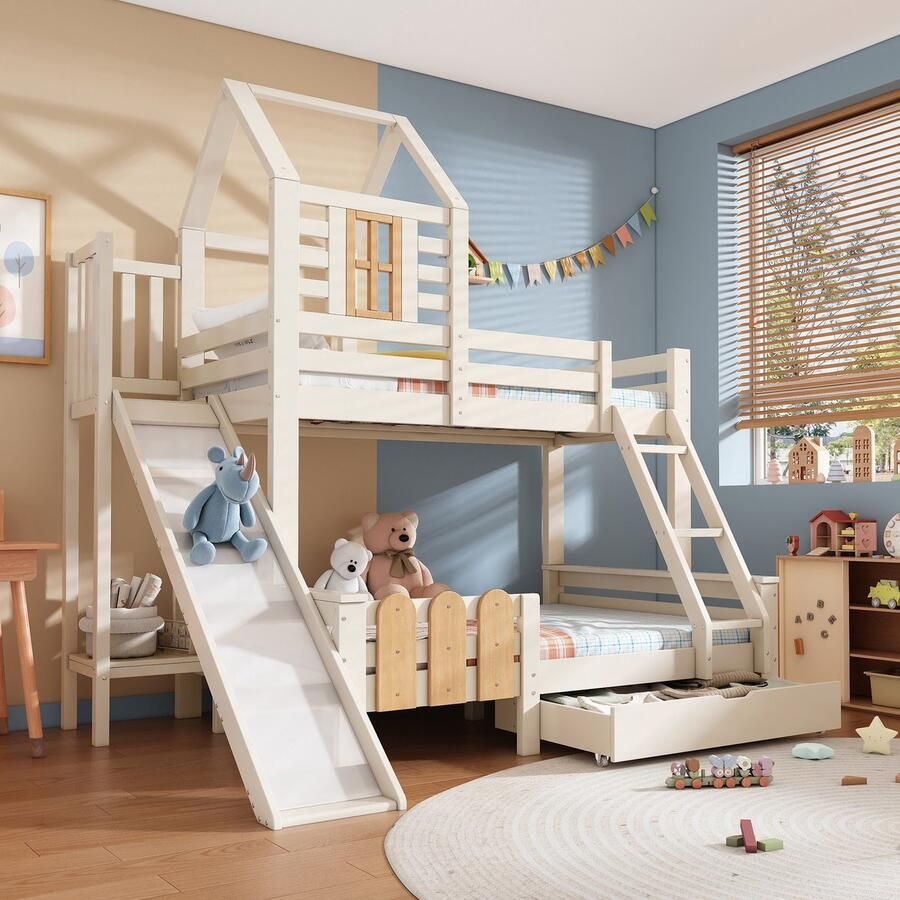 PHOEBE CAT Stapelbed 90x200 & 140x200 cm Met lade Glijbaan Huisbed Wit + Natuurlijke