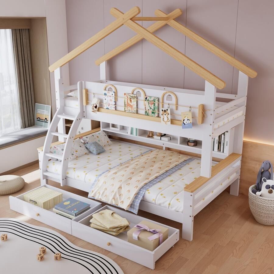 PHOEBE CAT Stapelbed 90x200cm & 120x200cm Kinderbed 2 lades Boekenplank Wit + Natuurlijke