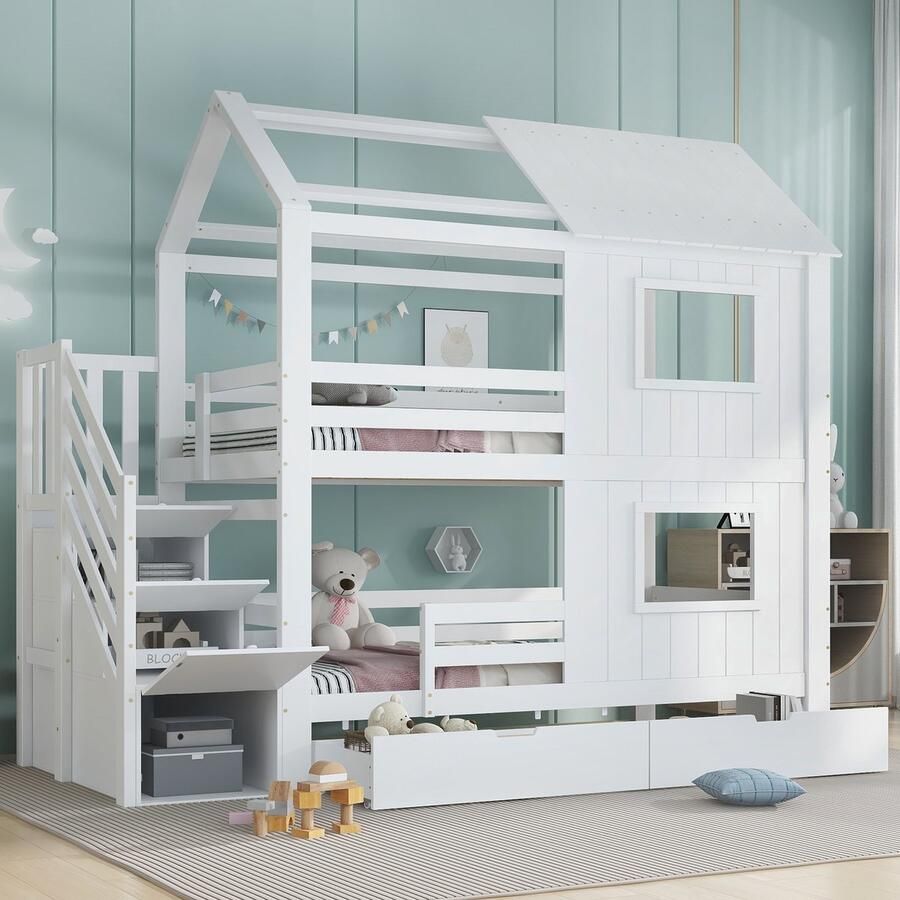 PHOEBE CAT Stapelbed 90x200cm Kinderbed 2 lades Huisontwerp Grenenhout + MDF Wit