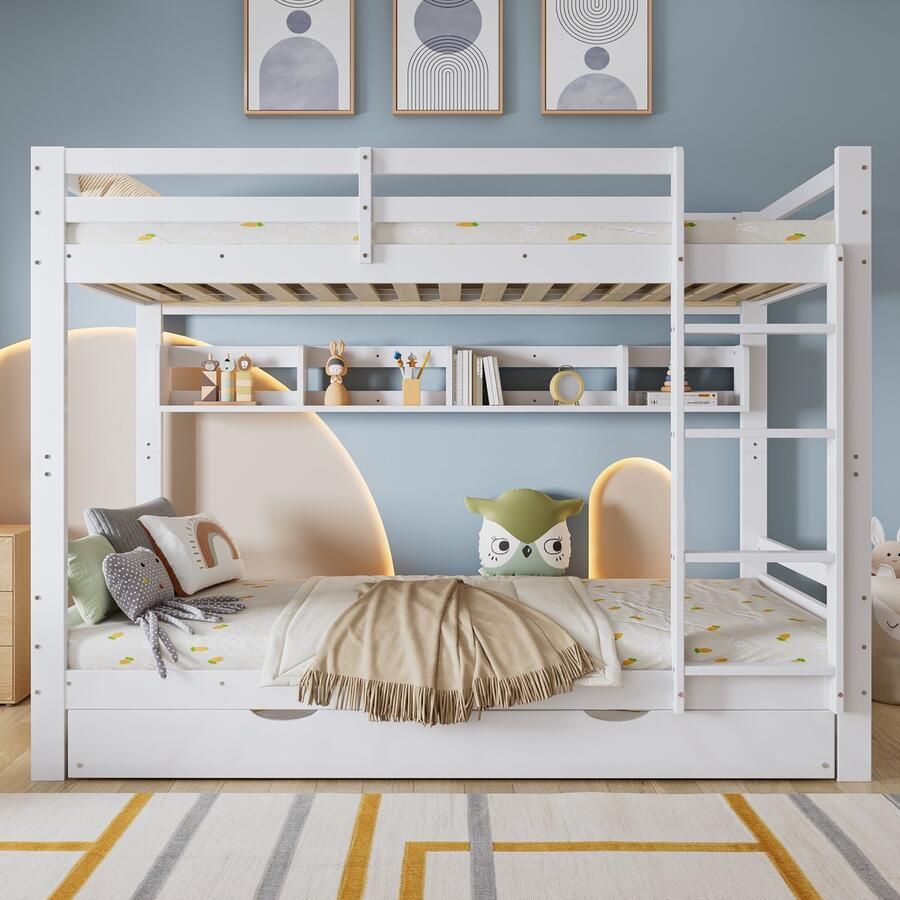 PHOEBE CAT Stapelbed 90x200cm Kinderbed Met uitschuifbaar bed Boekenplank Grenenhout + MDF Wit