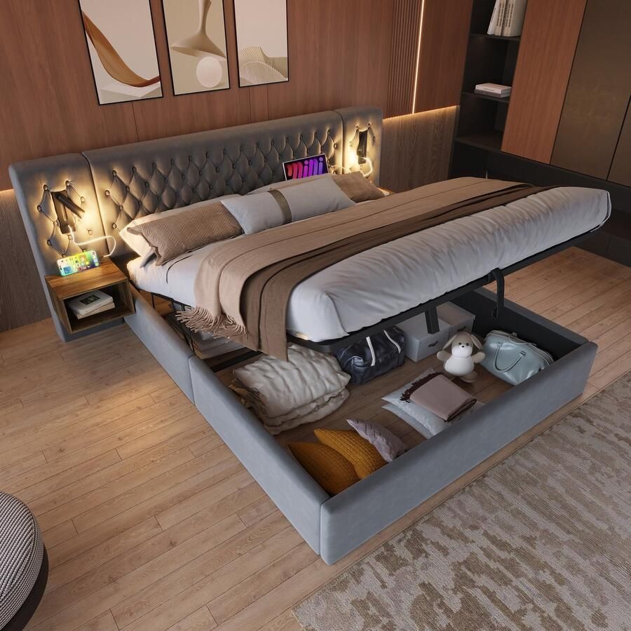 PHOEBE CAT Tweepersoonsbed 160×200 cm 2 nachtkastjes USB-oplaadfunctie 2 leeslampjes Grijs