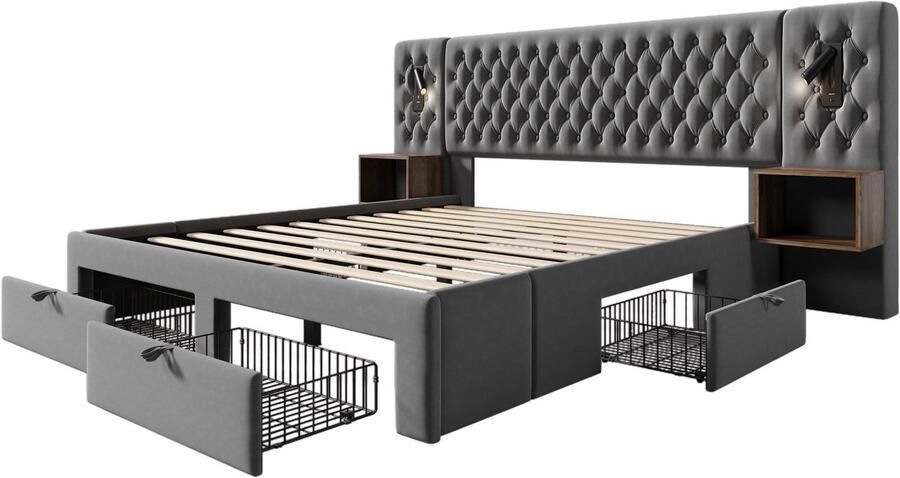 PHOEBE CAT Tweepersoonsbed 180×200 cm 2 nachtkastjes 4 lades USB-oplaadfunctie 2 leeslampjes Grijs