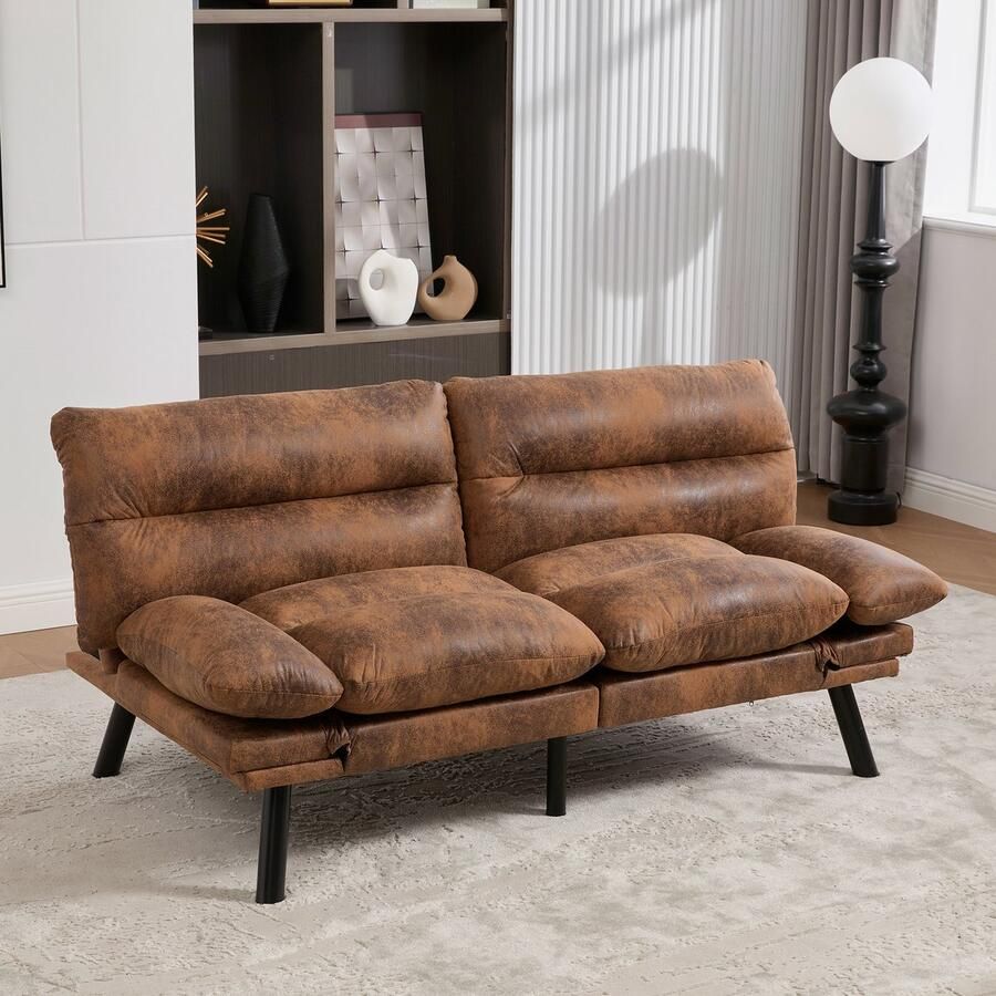 PHOEBE CAT Tweezitsbank Slaapbank Microvezel Verstelbare rugleuning Metalen poten Bruin