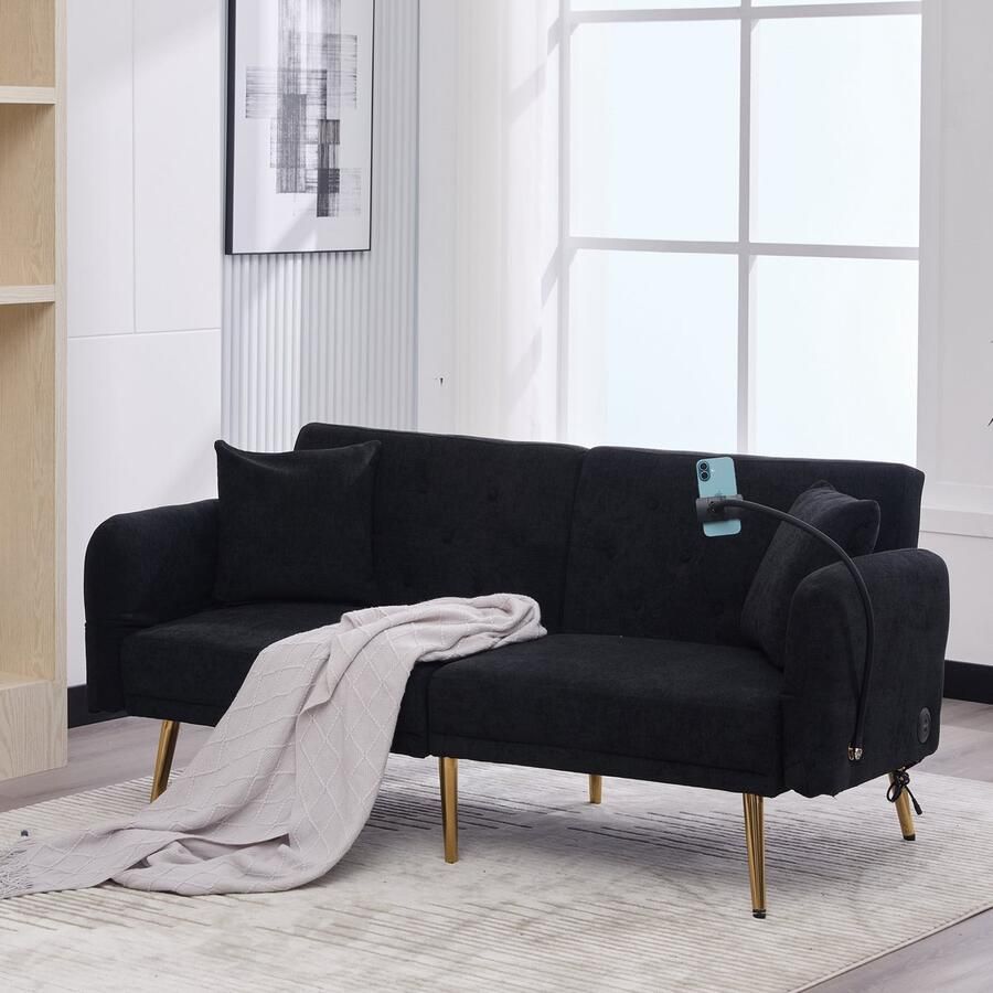 PHOEBE CAT Tweezitsbank Slaapbank Verstelbare rugleuning USB-poort Mobiele telefoonhouder Zwart