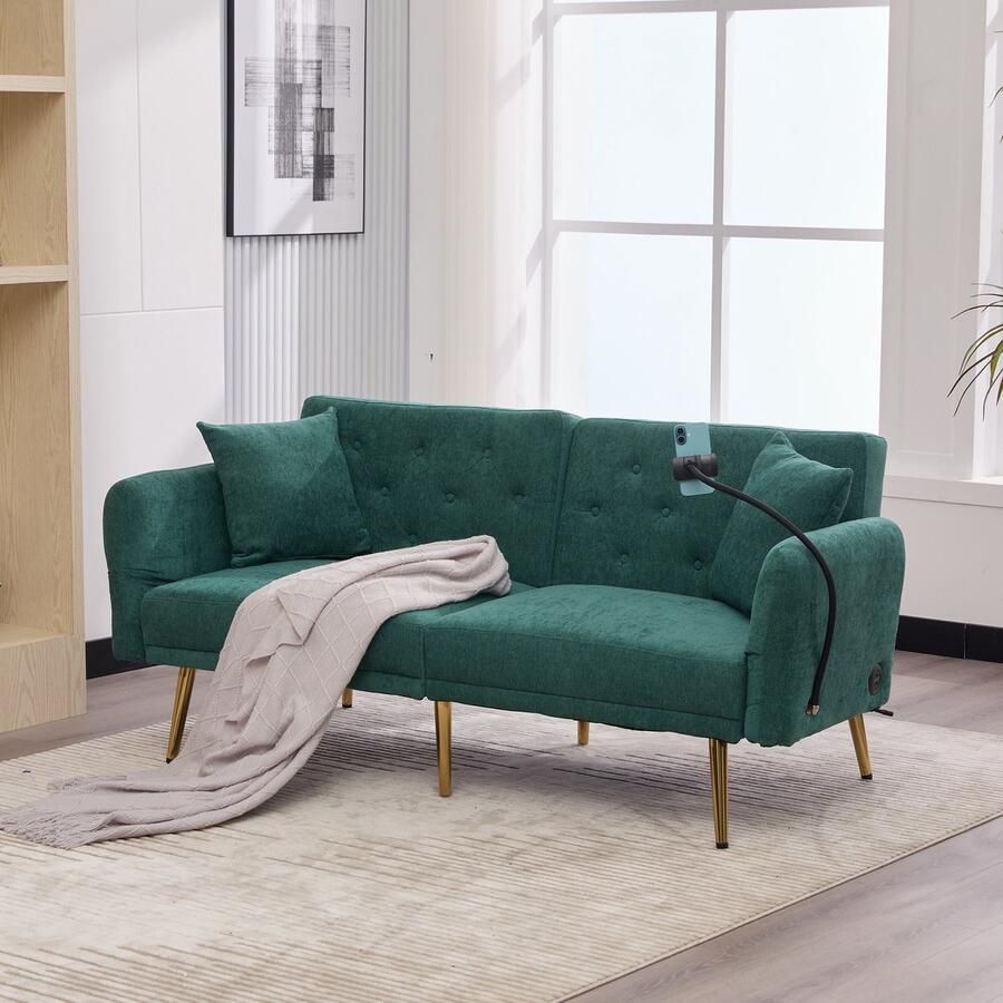 PHOEBE CAT Tweezitsbank Slaapbank Verstelbare rugleuning USB-poort Mobiele telefoonhouder Groen