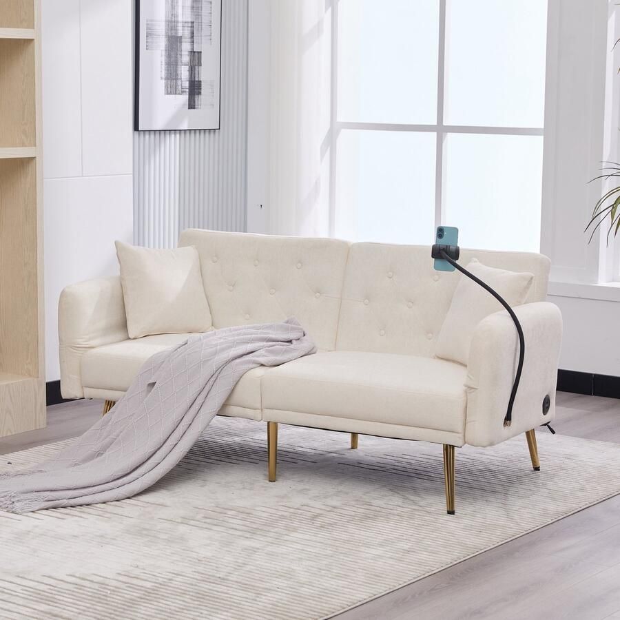 PHOEBE CAT Tweezitsbank Slaapbank Verstelbare rugleuning USB-poort Mobiele telefoonhouder Beige