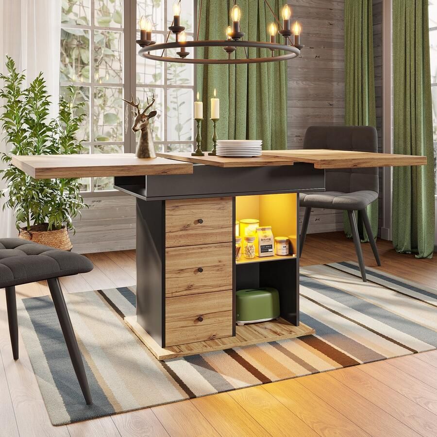 PHOEBE CAT Uitschuifbare Eettafel 110-140 cm Met opbergkast 3 lades LED-verlichting Zwart + Natuurlijke