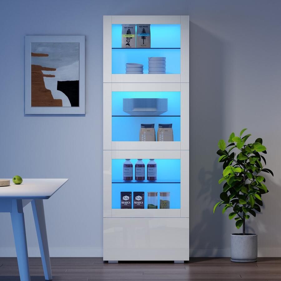 PHOEBE CAT Vitrinekast Acryl deuren Hoogglans LED-verlichting 3 glazen planken Met lade Wit