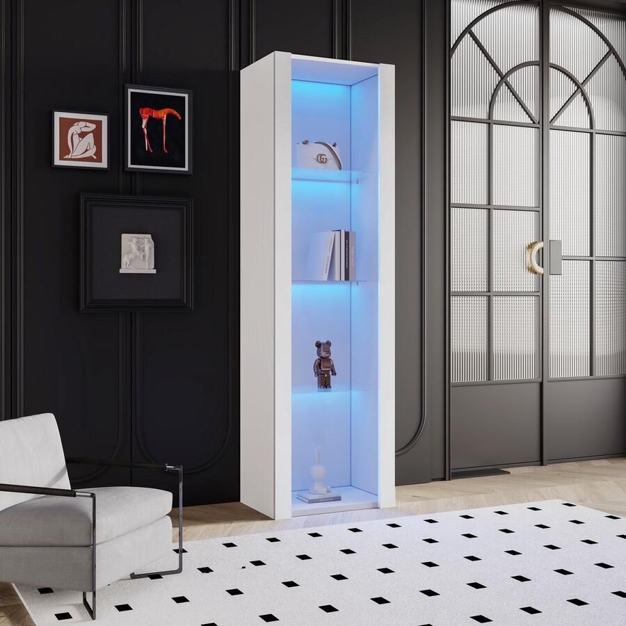 PHOEBE CAT Vitrinekast Hoogglans LED verlichting 3 glazen planken Hoge kast Wit
