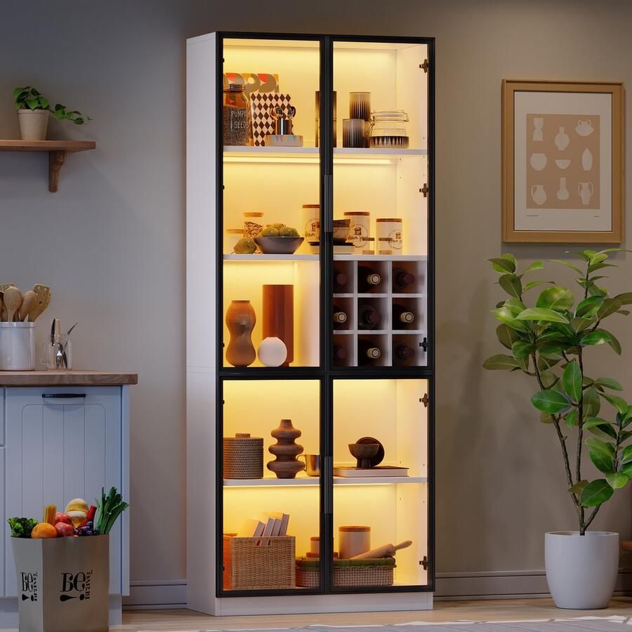 PHOEBE CAT Vitrinekast LED-verlichting Glazen deuren Wijnkast Verstelbare planken Wit