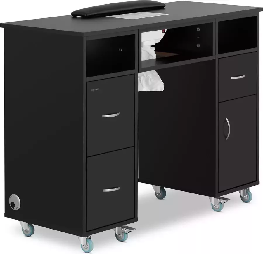 Physa Mesa para manicura 1200 x 420 x 800 mm Negro op 8 rollen met stofafzuiging en handopberger