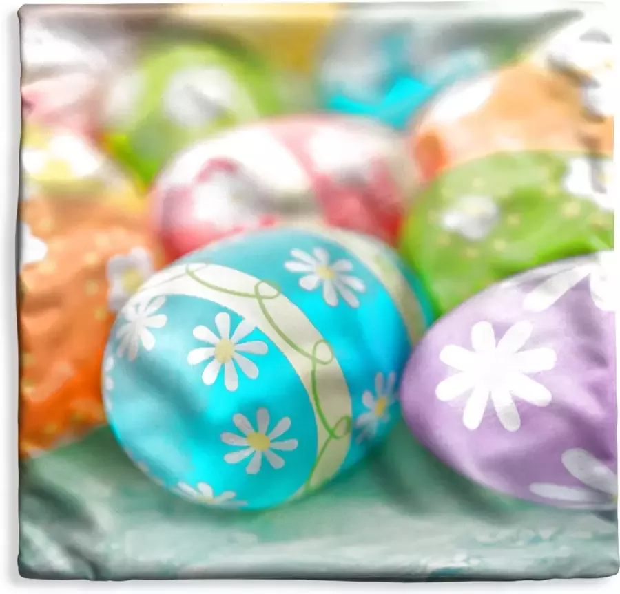 PillowMonkey Kussenhoes 40x40 cm Kleurrijke paaseieren uitgestald op een tafel voor Pasen Katoen Polyester Voor Binnen